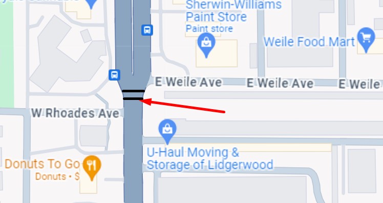 Google map showing division and rhoades crosswalk in Spokane